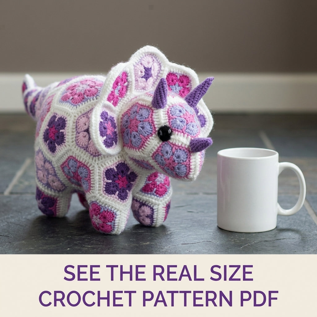 African Flower Triceratops Crochet Pattern PDF – Hexagon Amigurumi Dinosaur