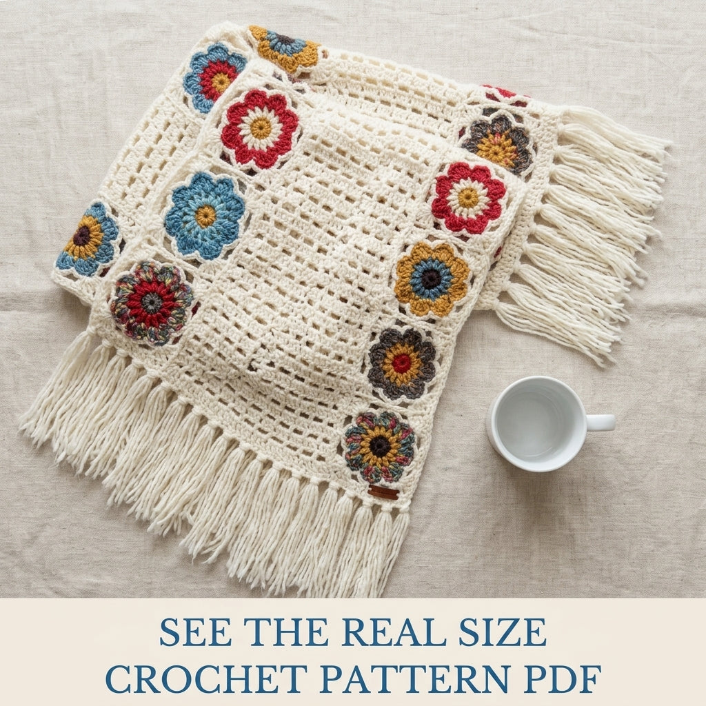 Flower Edge Mesh Wrap Crochet Pattern PDF – Granny Flower Shawl Cape
