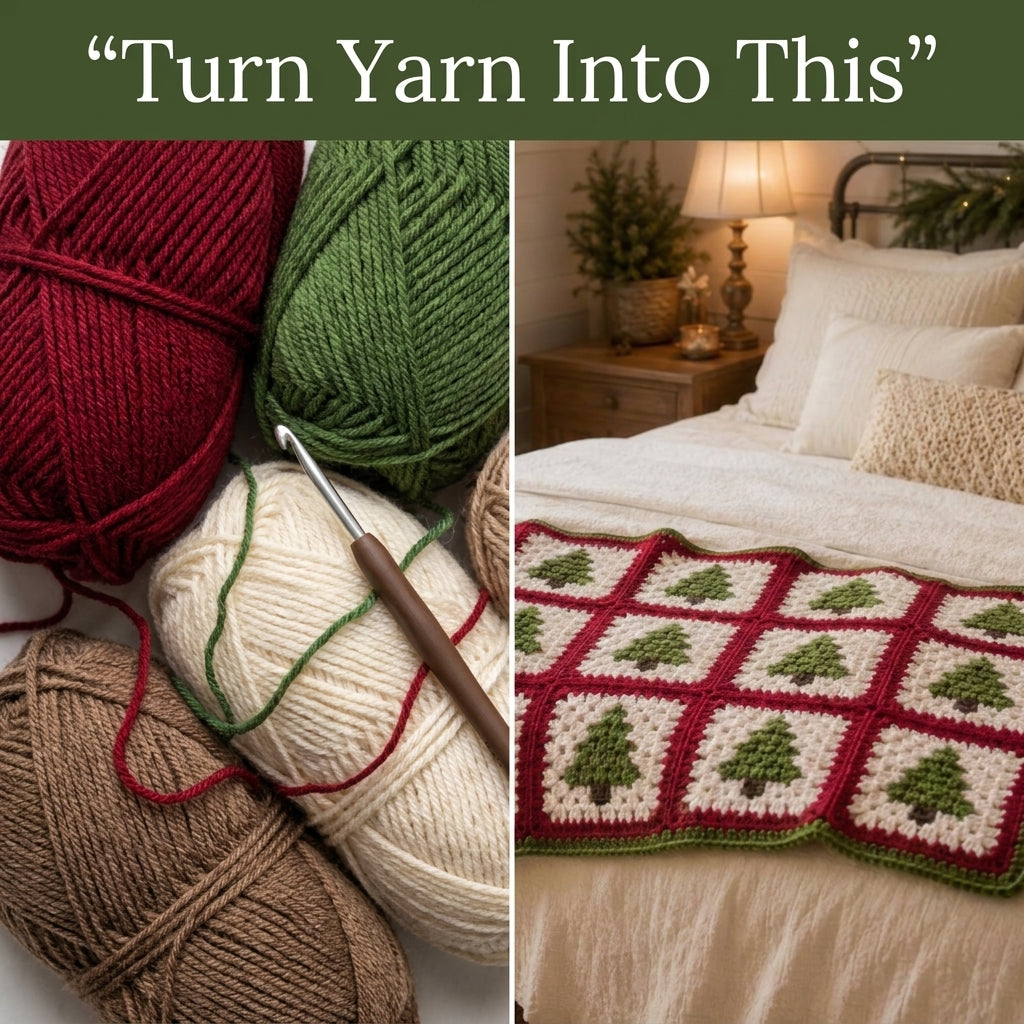 Christmas Tree Granny Square Blanket Crochet Pattern — Festive Throw in Red, Green and Cream, 4 Sizes, US Terms, PDF Download