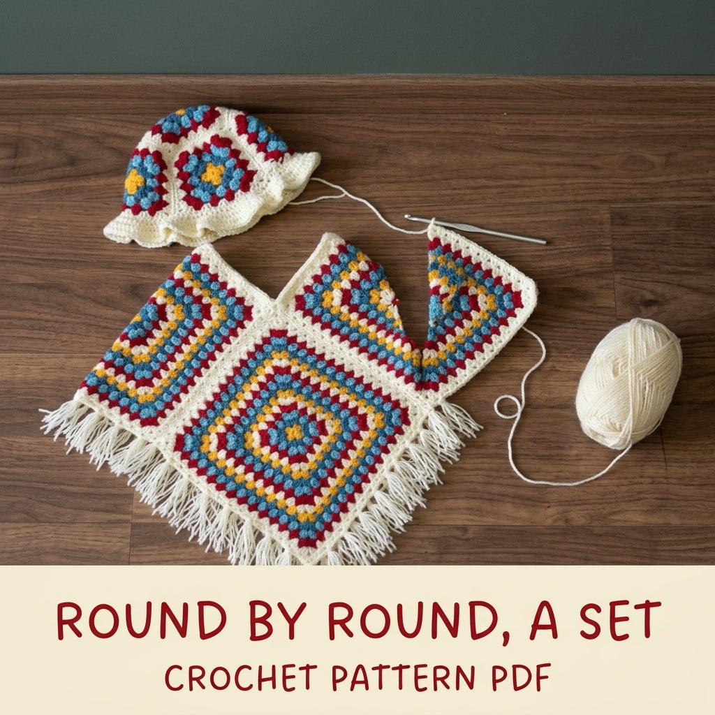 Granny Poncho and Hat Set Crochet Pattern PDF – Kids Retro Poncho with Fringe