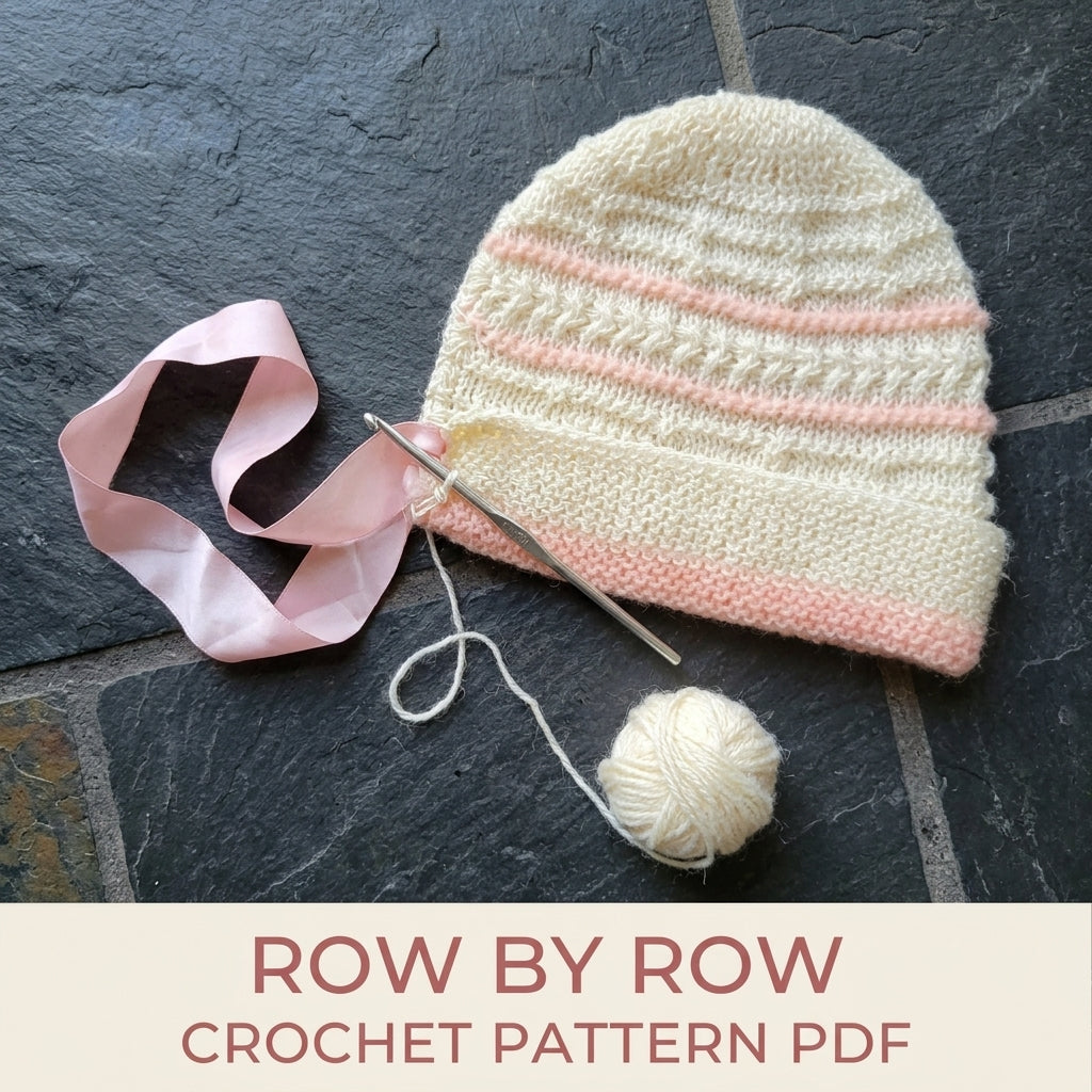 Vintage Striped Baby Bonnet Crochet Pattern PDF – Newborn Hat with Ribbon