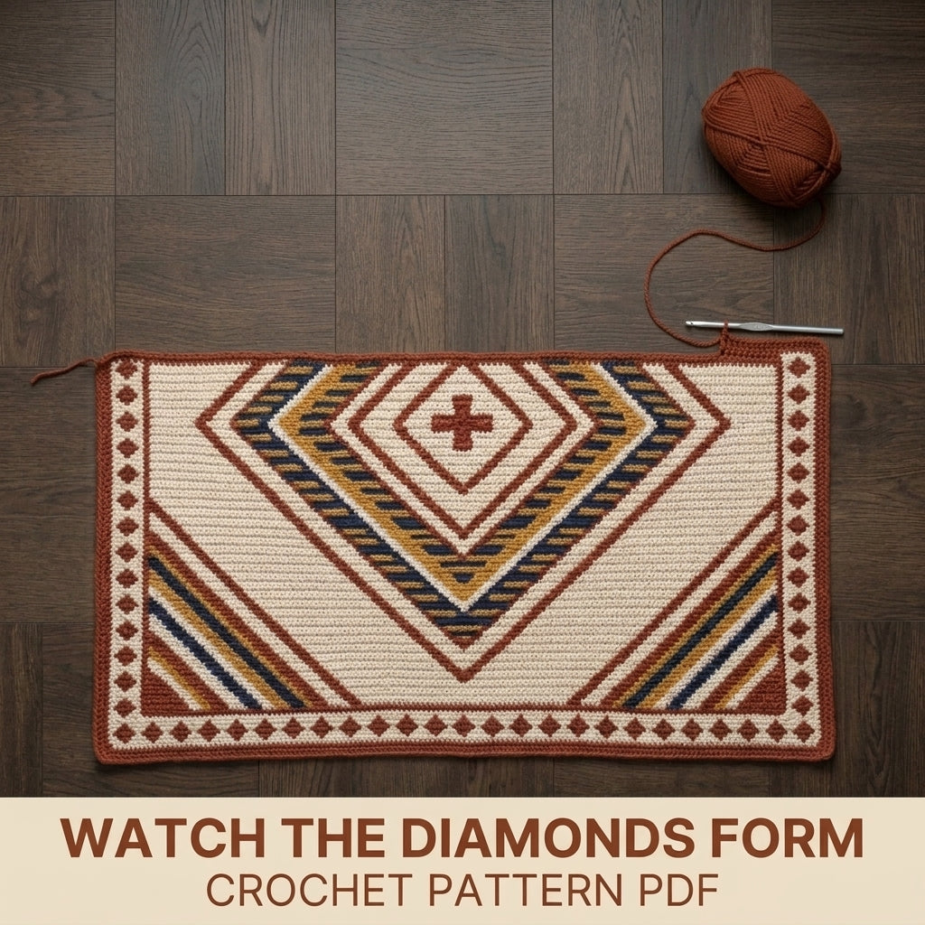 Diamond Tapestry Crochet Blanket Pattern PDF – Geometric Throw in Rust, Mustard and Navy