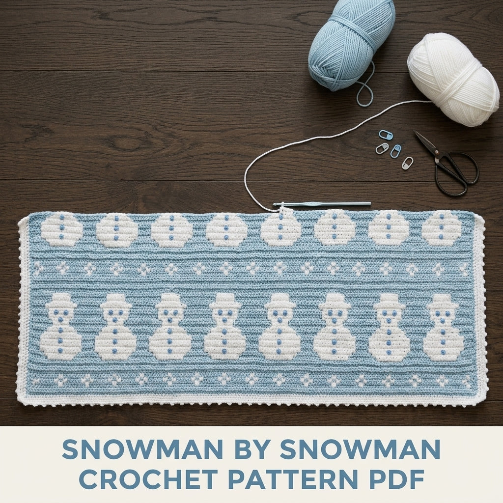 Snowman Crochet Blanket Pattern PDF – Winter Tapestry Crochet Throw in Ice Blue and White