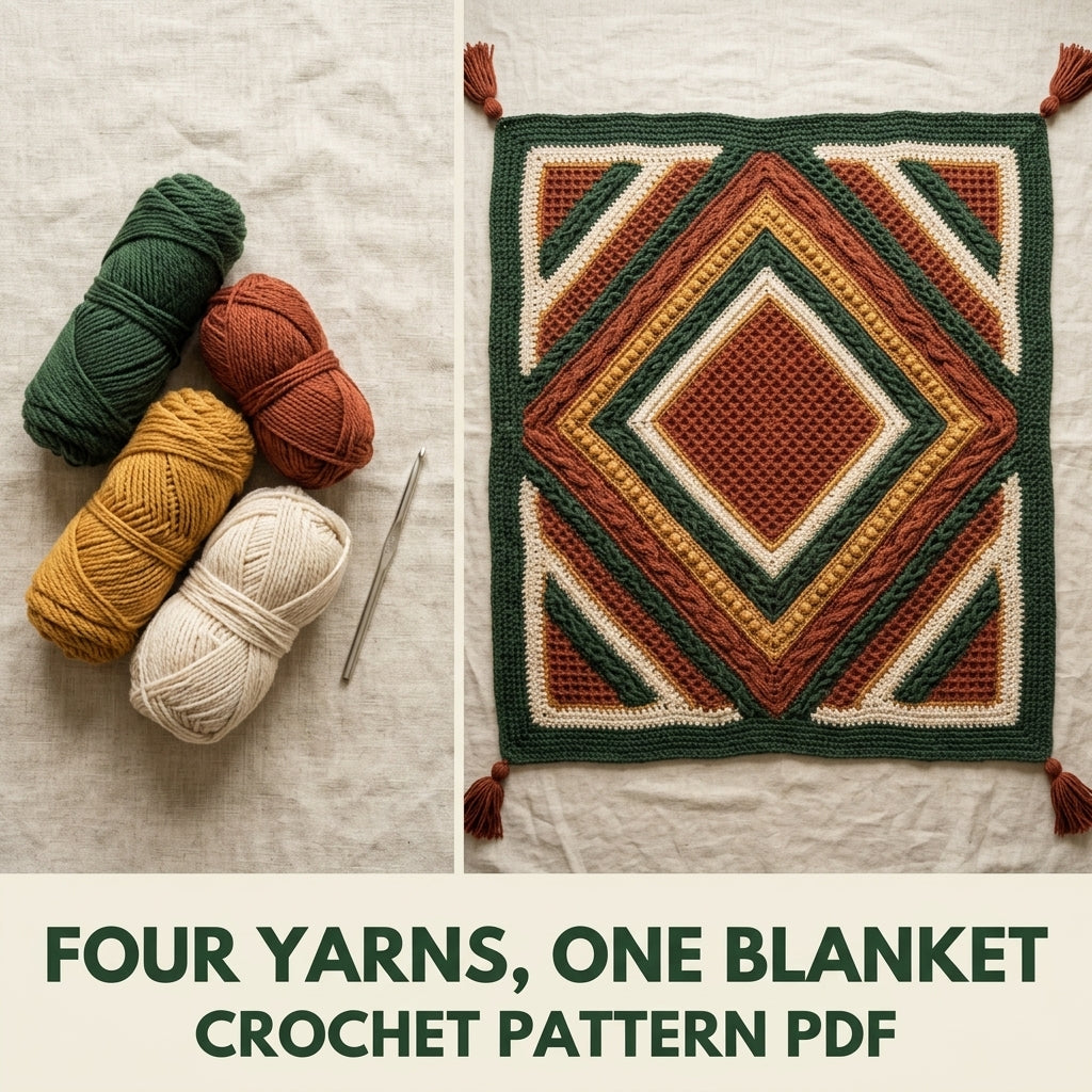 Harvest Texture Diamond Blanket Crochet Pattern PDF – Waffle, Cable and Bobble Throw with Tassels