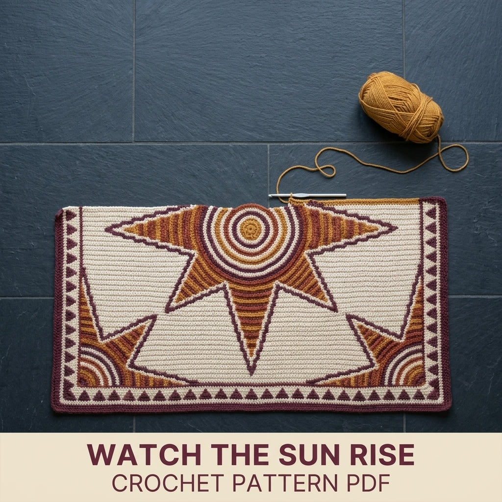 Sun Star Tapestry Crochet Blanket Pattern PDF – Celestial Throw in Mustard, Orange and Plum