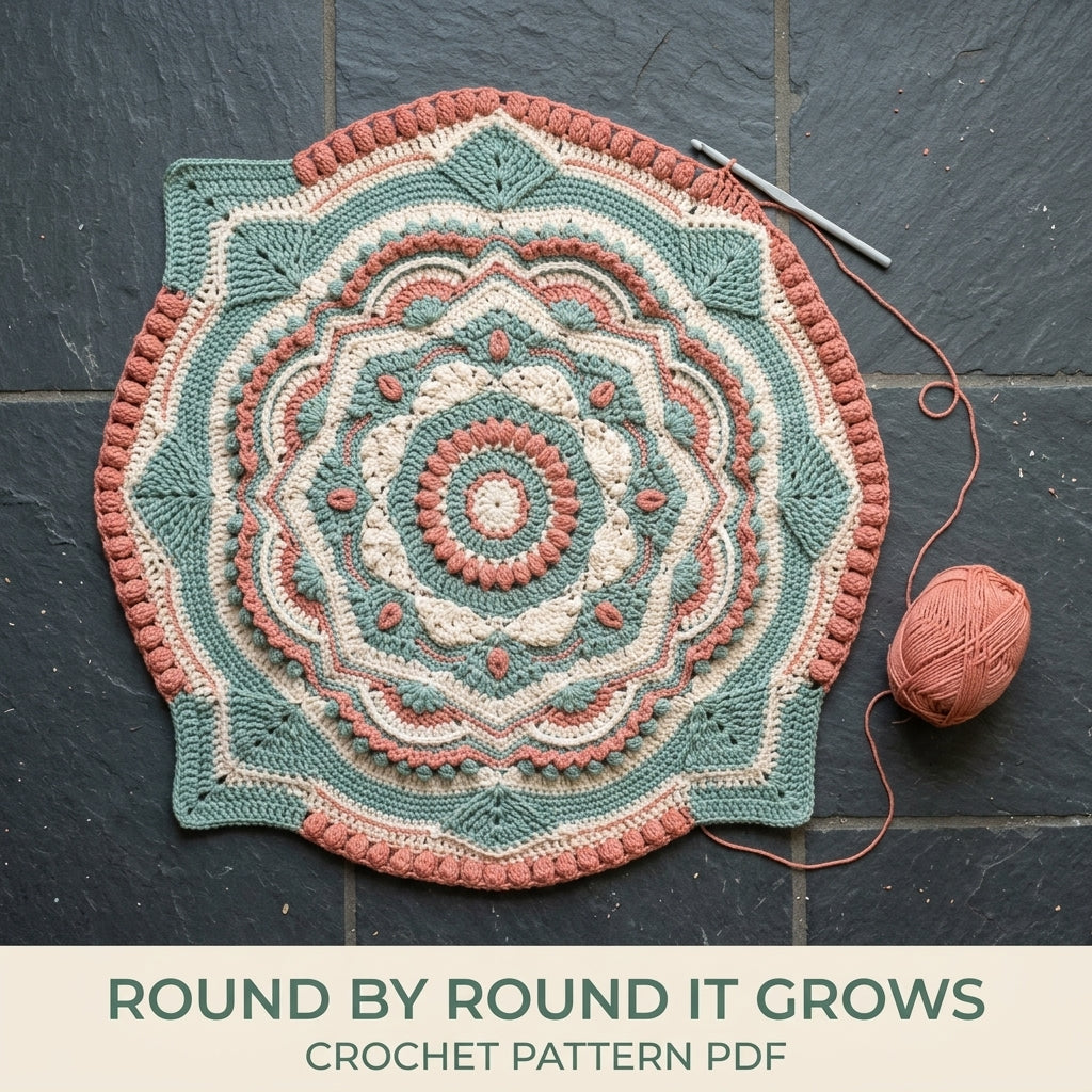 Sage Bloom Textured Crochet Blanket Pattern PDF – Sage, Cream and Coral Bobble Mandala Throw