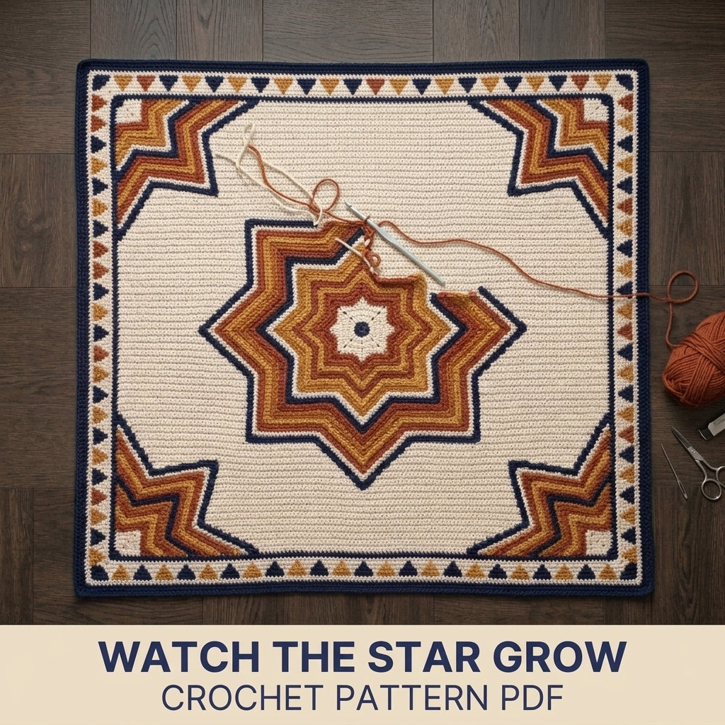 Star Tapestry Crochet Blanket Pattern PDF – Nested Eight-Point Star Throw in Navy, Rust and Mustard