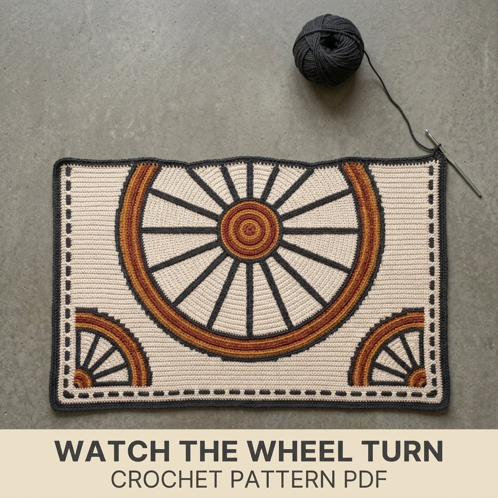 Wagon Wheel Tapestry Crochet Blanket Pattern PDF – Rustic Throw in Charcoal, Rust and Mustard