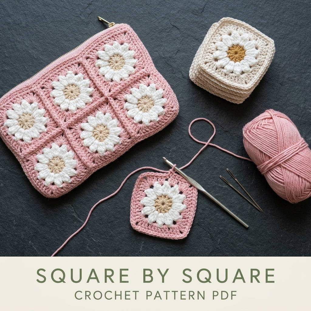 Daisy Granny Zip Pouch Crochet Pattern PDF – Lined Makeup Bag