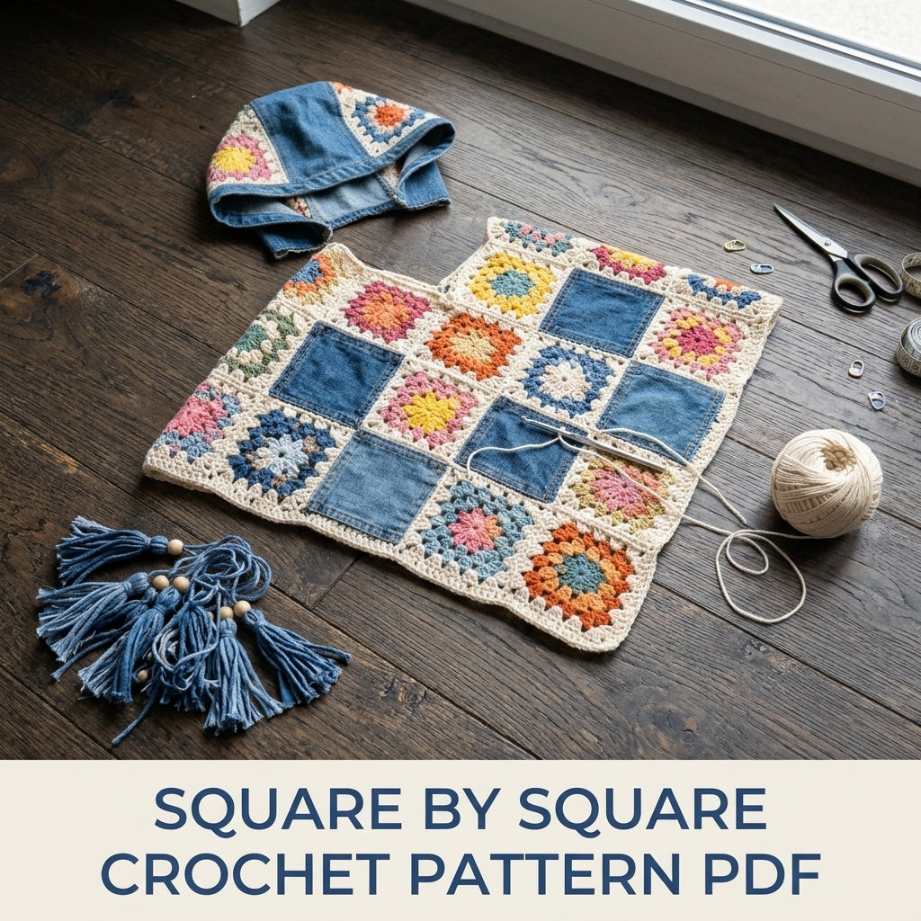 Denim Granny Square Poncho Crochet Pattern PDF – Kids Hooded Poncho