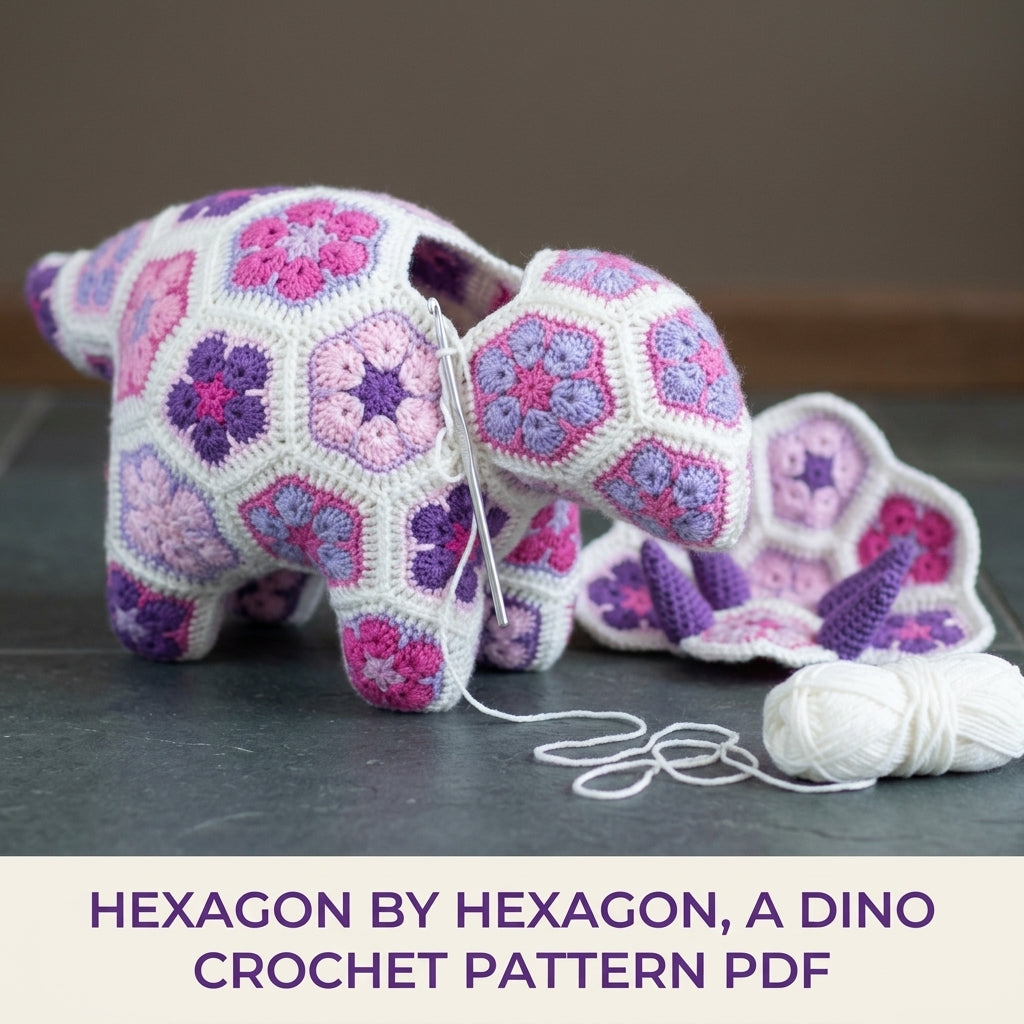 African Flower Triceratops Crochet Pattern PDF – Hexagon Amigurumi Dinosaur