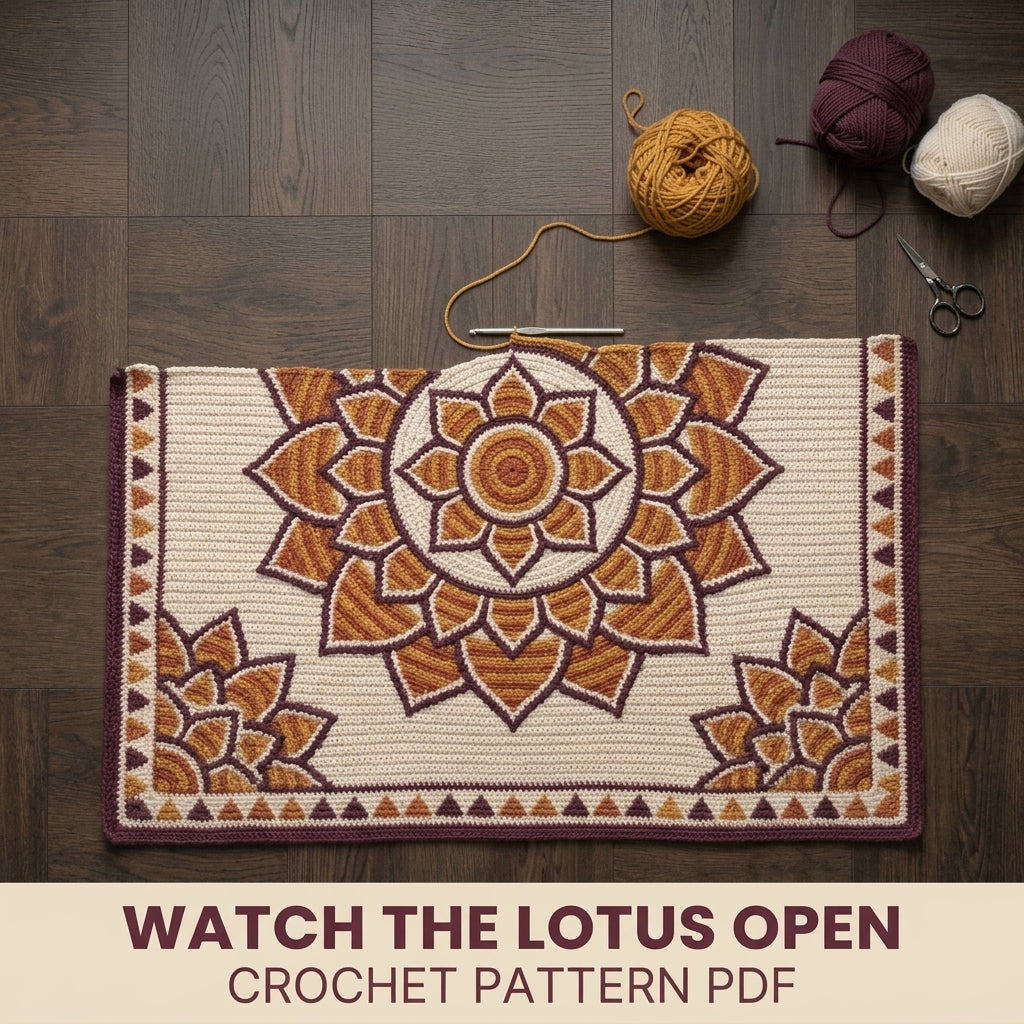 Lotus Mandala Tapestry Crochet Blanket Pattern PDF – Floral Throw in Mustard, Orange and Plum