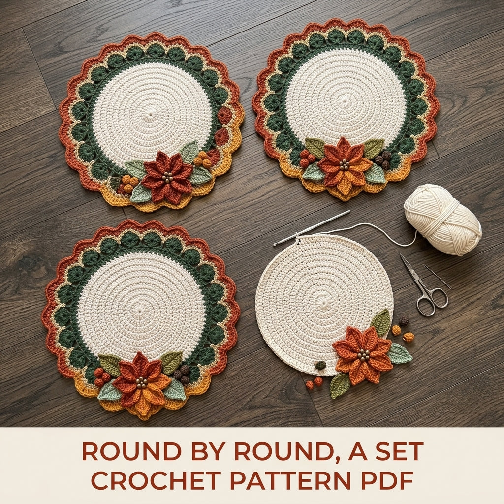 Autumn Poinsettia Placemat Set Crochet Pattern PDF – Round Table Mats
