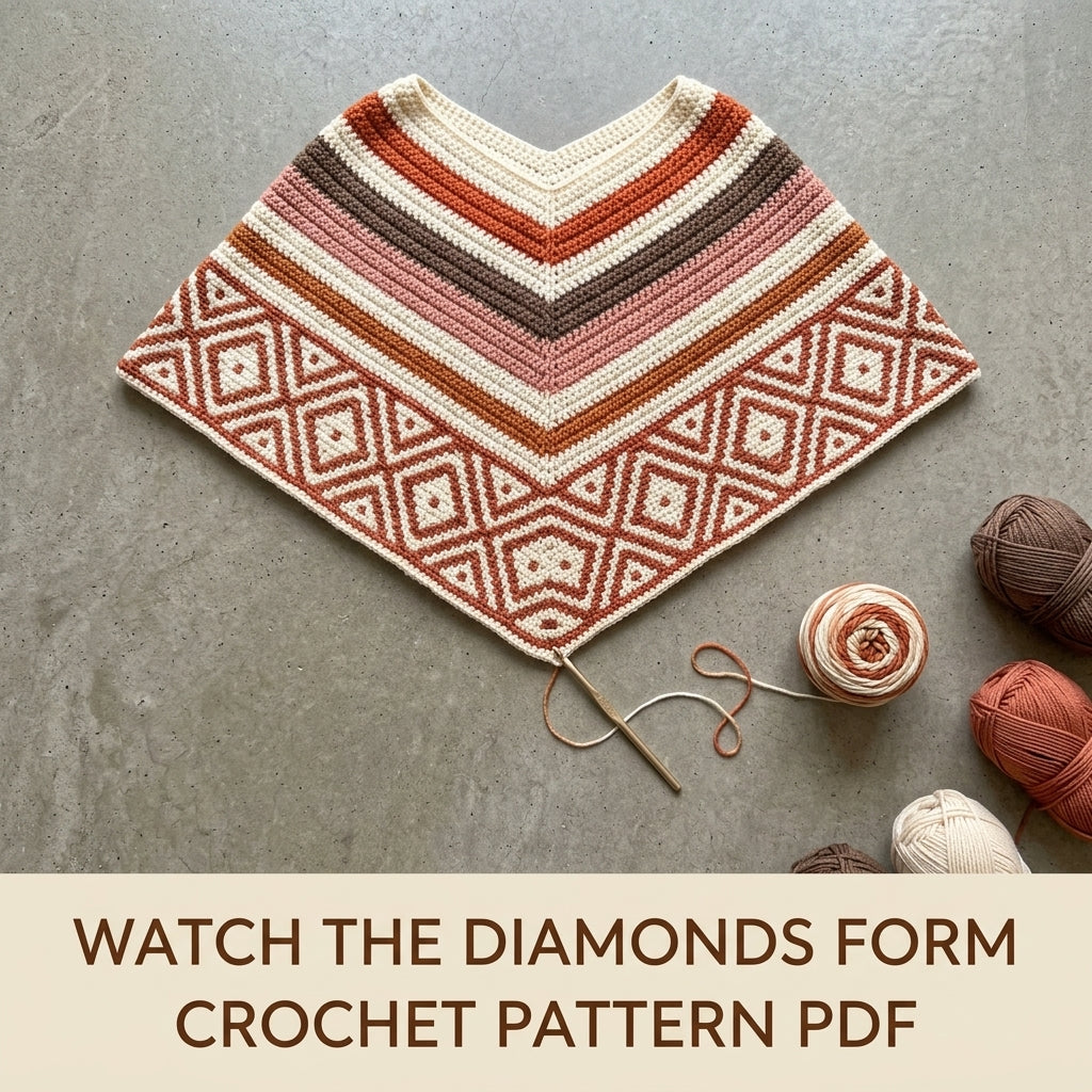 Terracotta Diamond Poncho Crochet Pattern PDF – Boho Fringe Poncho with Mosaic Colourwork Band