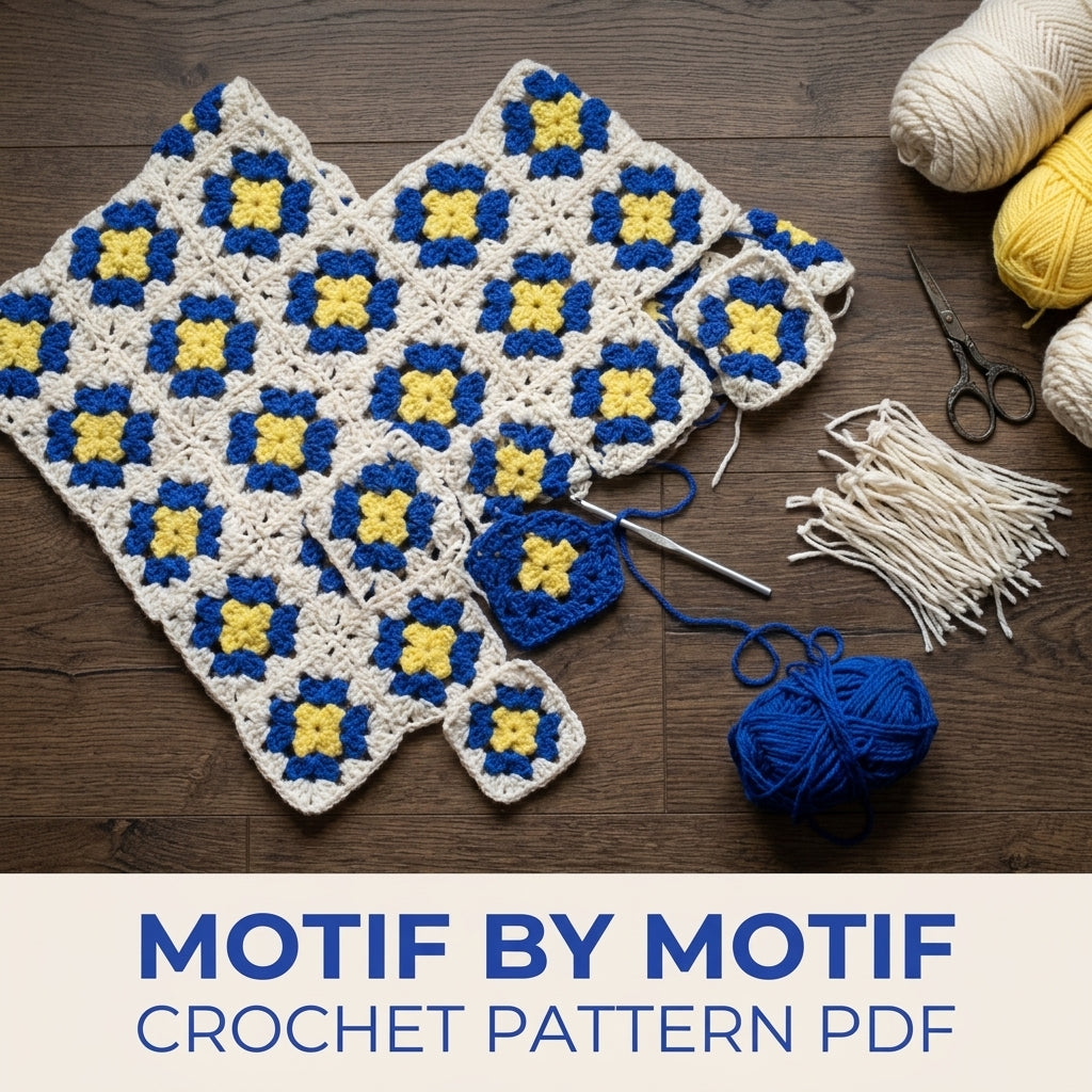 Blue and Yellow Granny Crochet Pattern PDF – Retro Flower Motif Poncho with Fringe