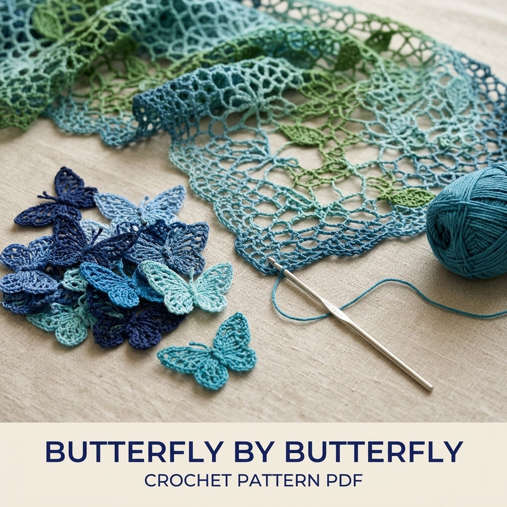 Butterfly Shawl Crochet Pattern PDF – Lace Net Shawl with Butterflies and Leaves