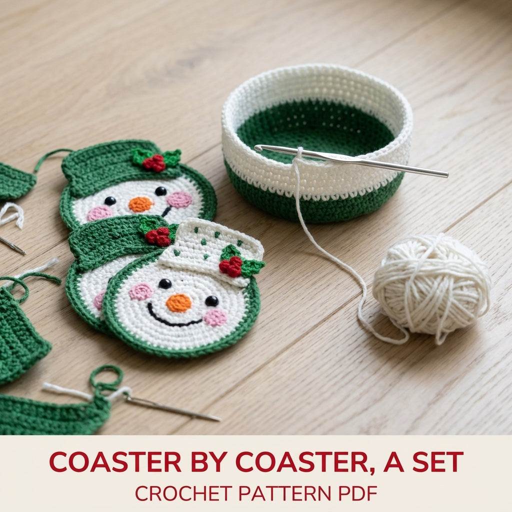 Green Snowman Coaster Set Crochet Pattern PDF – Snowman Coasters with Holder