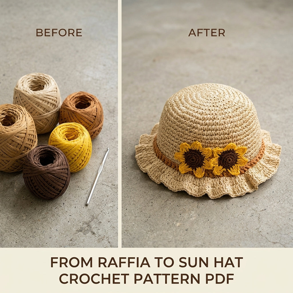 Sunflower Ruffle Sun Hat Crochet Pattern PDF – Kids Raffia Summer Hat with Flowers
