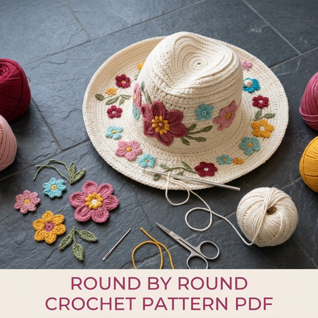 Embroidered Flower Sun Hat Crochet Pattern PDF – Wide Brim Hat with Embroidered Flowers