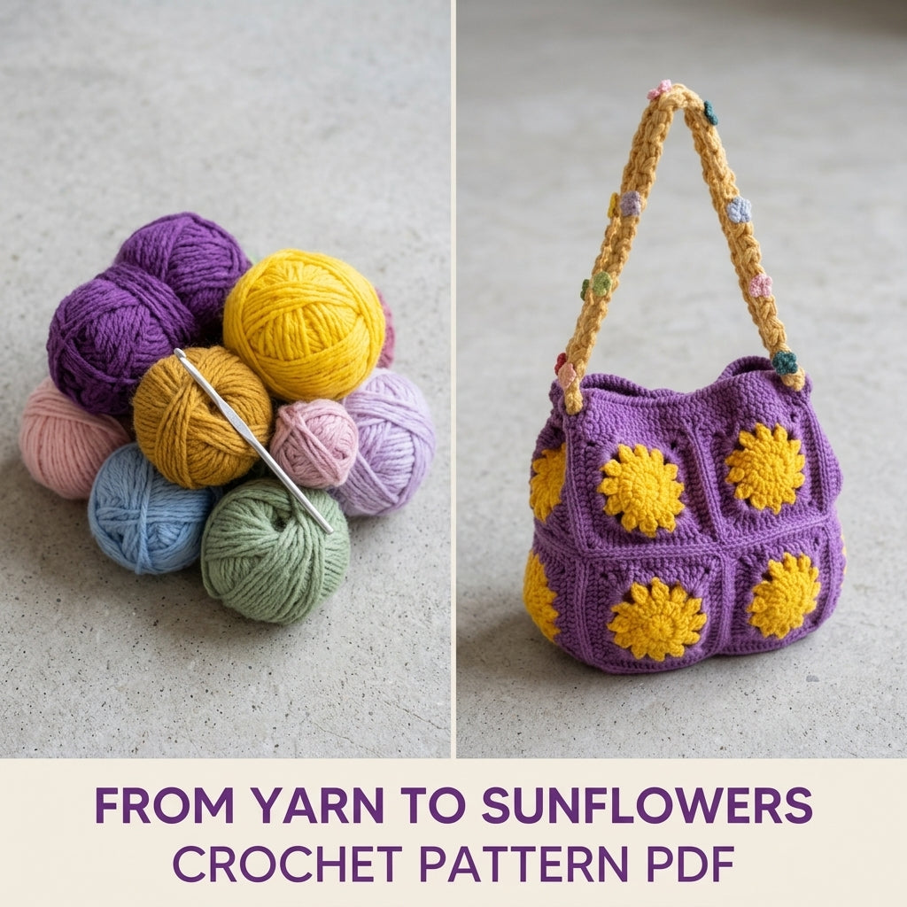 Sunflower Square Shoulder Bag Crochet Pattern PDF – Granny Square Purse with Braided Strap