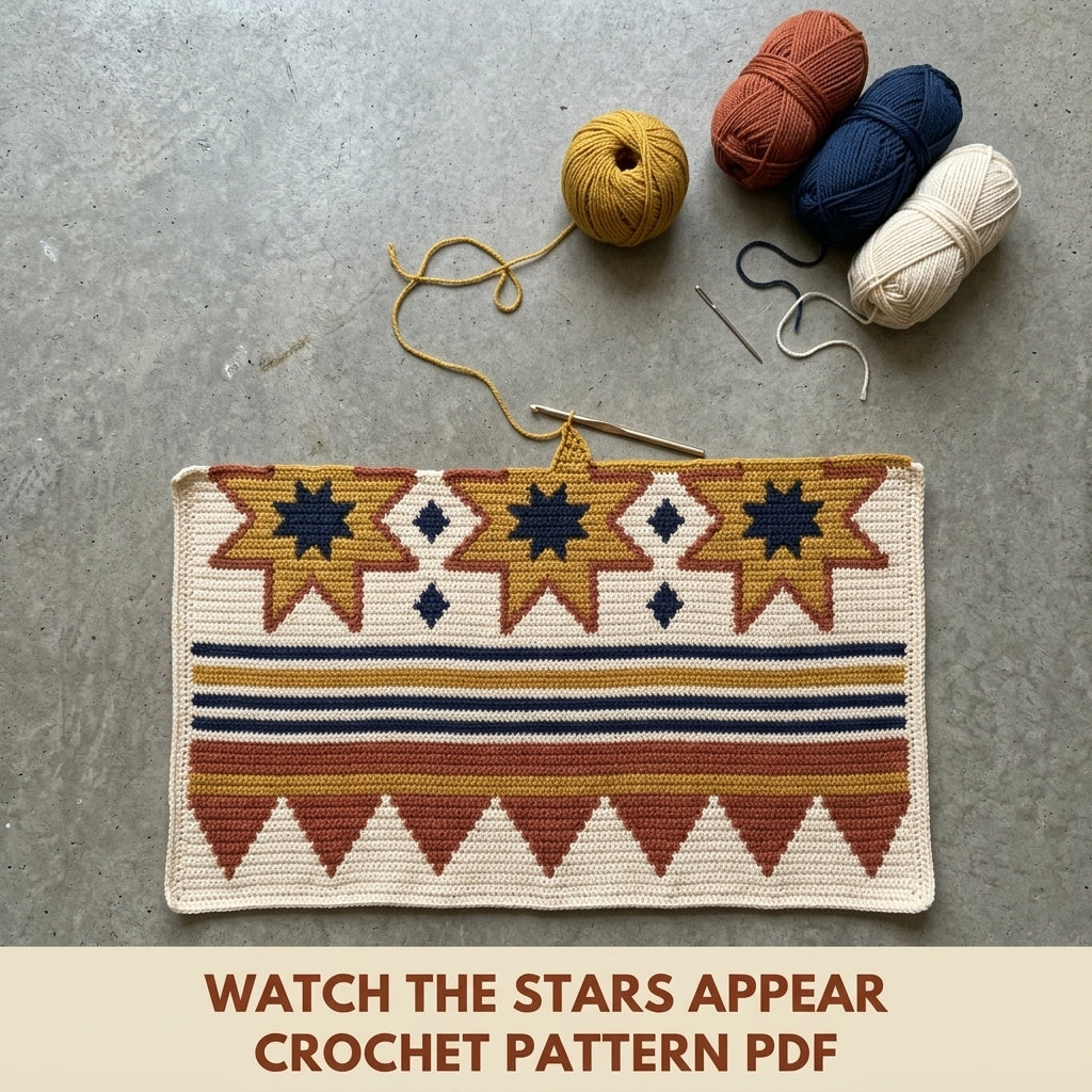 Star Tapestry Crochet Wall Hanging Pattern PDF – Eight-Point Stars in Mustard, Rust and Navy