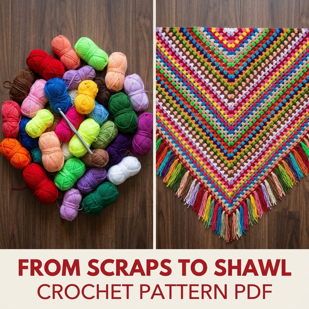 Rainbow Granny Triangle Shawl Crochet Pattern PDF – Scrap Yarn Shawl with Fringe