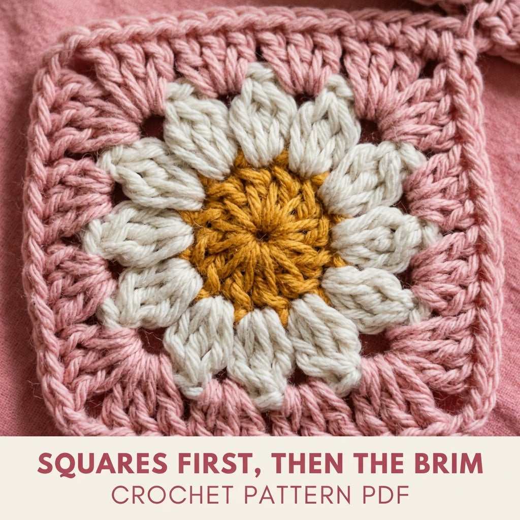 Pink Daisy Granny Bucket Hat Crochet Pattern PDF – Granny Square Sun Hat with Flowers