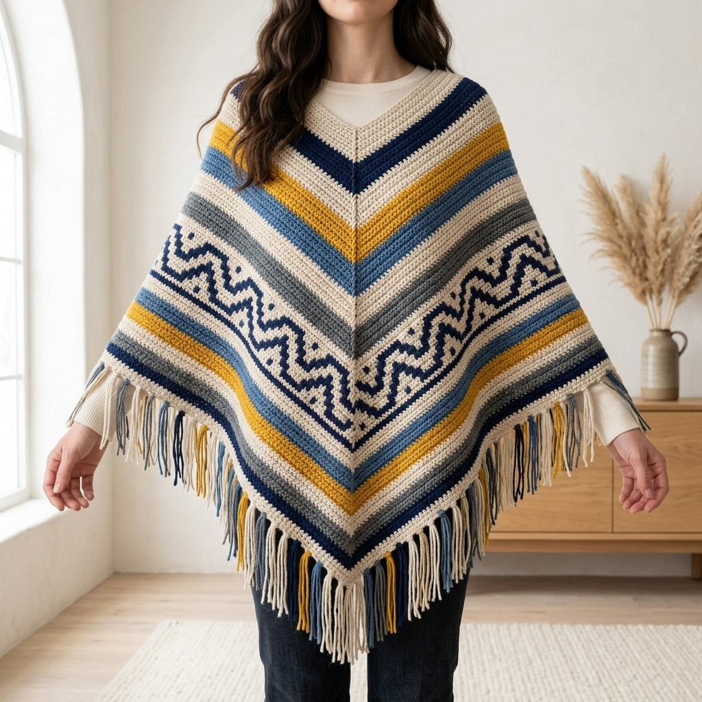 Denim Zigzag Poncho Crochet Pattern PDF – Boho Fringe Poncho with Colourwork Band