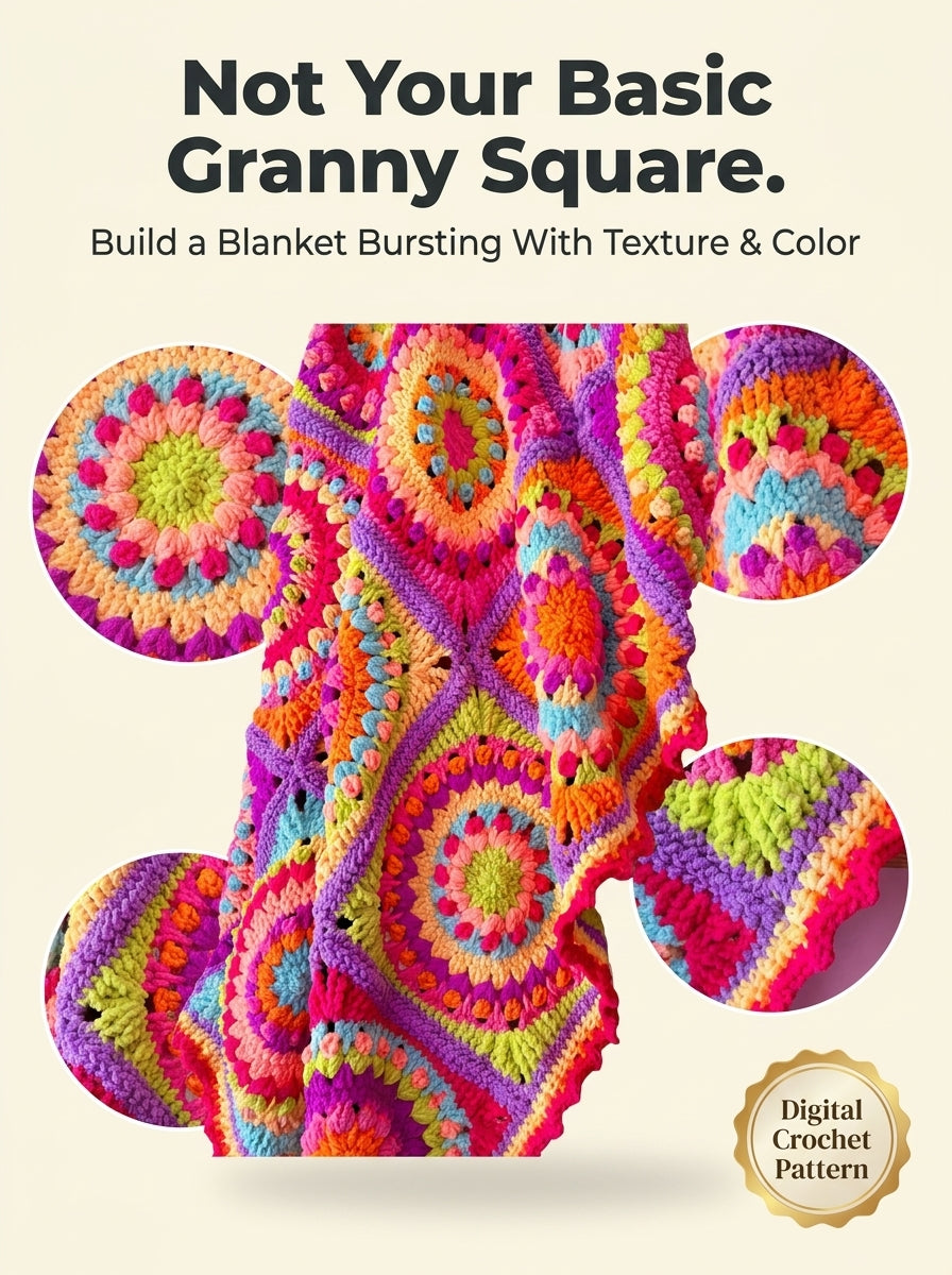 Neon Rainbow Puff Granny Square Blanket Crochet Pattern