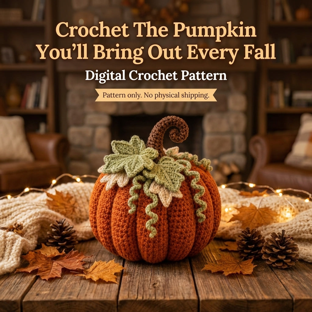Crochet Pumpkin Pattern — Large Ribbed Amigurumi Pumpkin with Maple Leaves and Curled Tendrils, US Terms, PDF Download