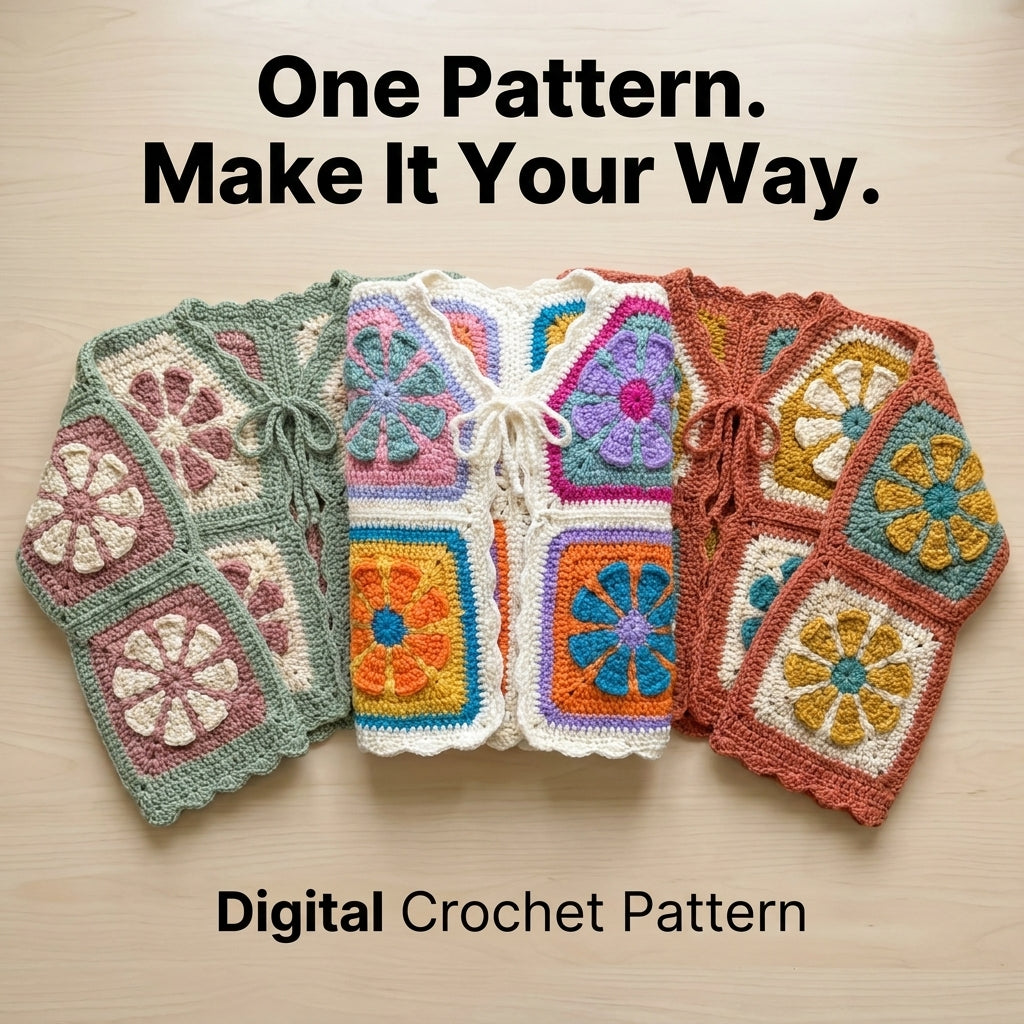 Floral Granny Square Cardigan Crochet Pattern | Cropped Patchwork Cardigan with Cream Border | Sizes XS–[XX] | PDF Instant Download