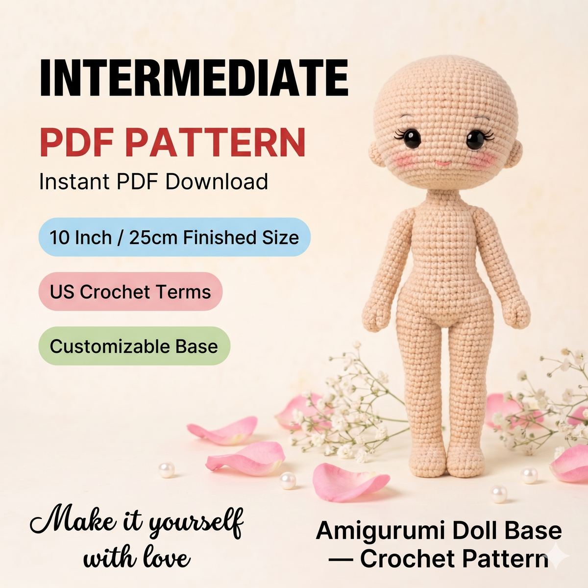 Amigurumi Crochet Doll Body Base Pattern | 10 Inch Girl Doll (PDF)