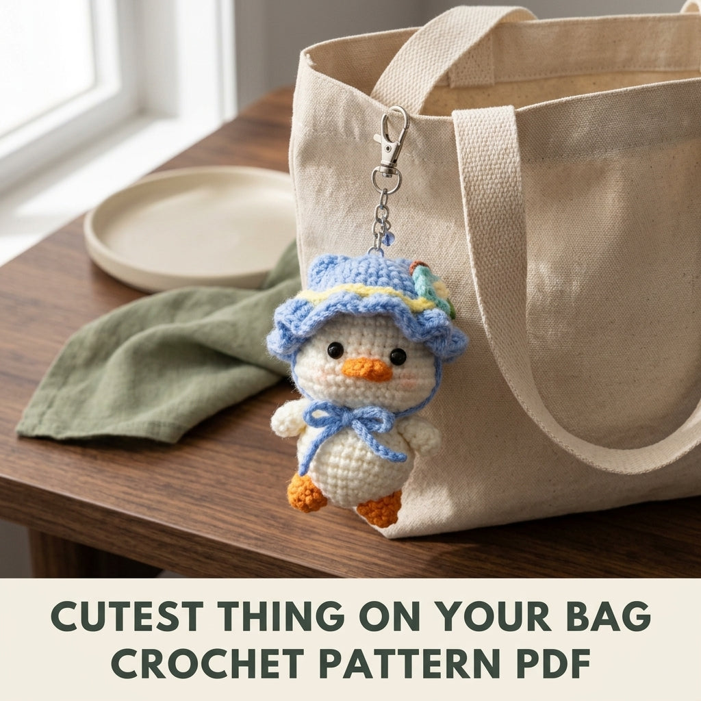Duck Keychain Crochet Pattern PDF – Amigurumi Duckling in Ruffled Bucket Hat, Cute Bag Charm Pattern