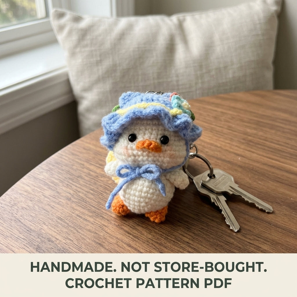Duck Keychain Crochet Pattern PDF – Amigurumi Duckling in Ruffled Bucket Hat, Cute Bag Charm Pattern