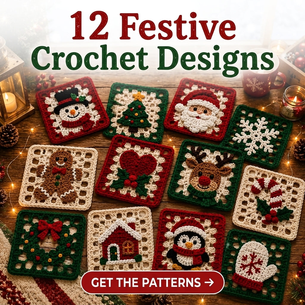12 Christmas Granny Squares Crochet Pattern — Festive Motif Collection for Blankets, Cushions and Ornaments, US Terms, PDF Download