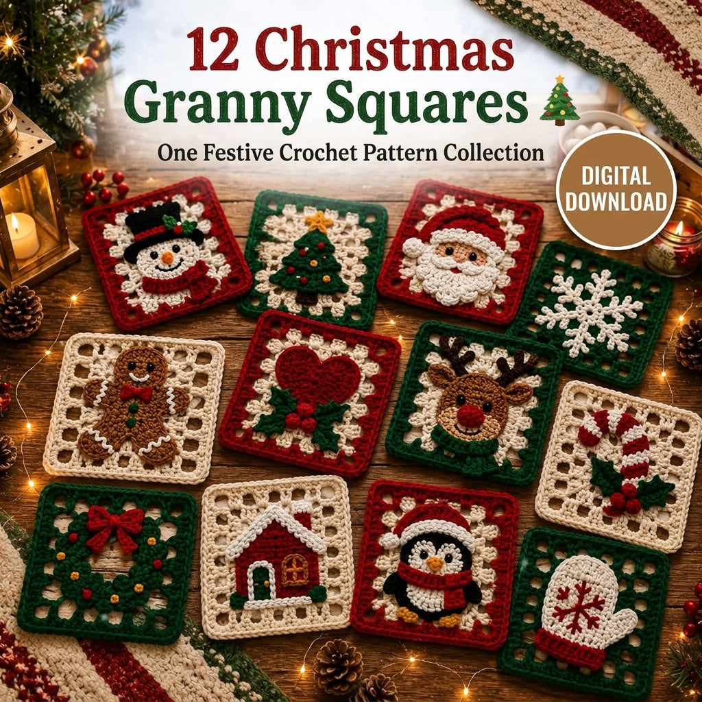 12 Christmas Granny Squares Crochet Pattern — Festive Motif Collection for Blankets, Cushions and Ornaments, US Terms, PDF Download