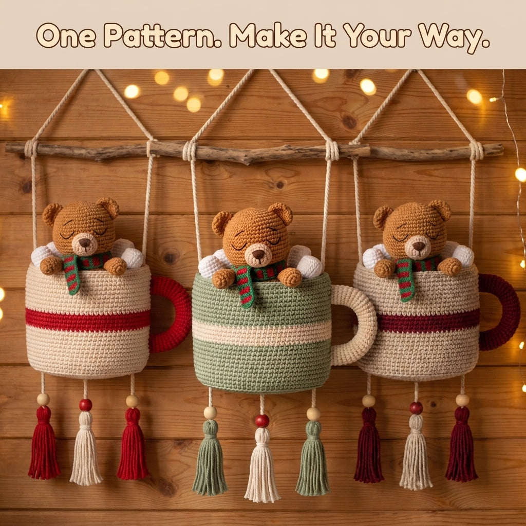 Crochet Cocoa Mug Wall Hanging Pattern – Sleepy Teddy Bear with Marshmallows