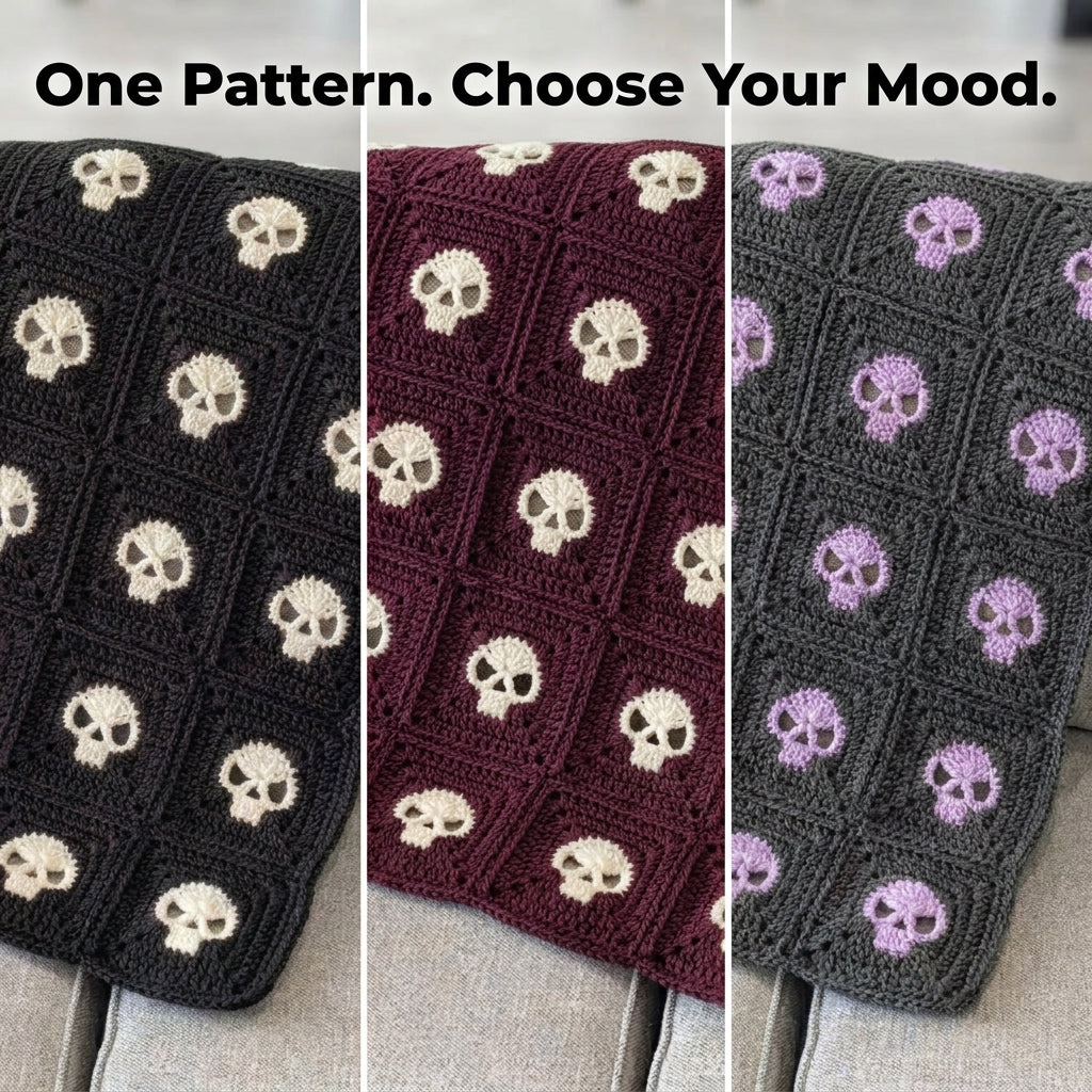 Skull Granny Square Blanket Crochet Pattern — Black and Cream Gothic Throw, 4 Sizes, US Terms, PDF Download