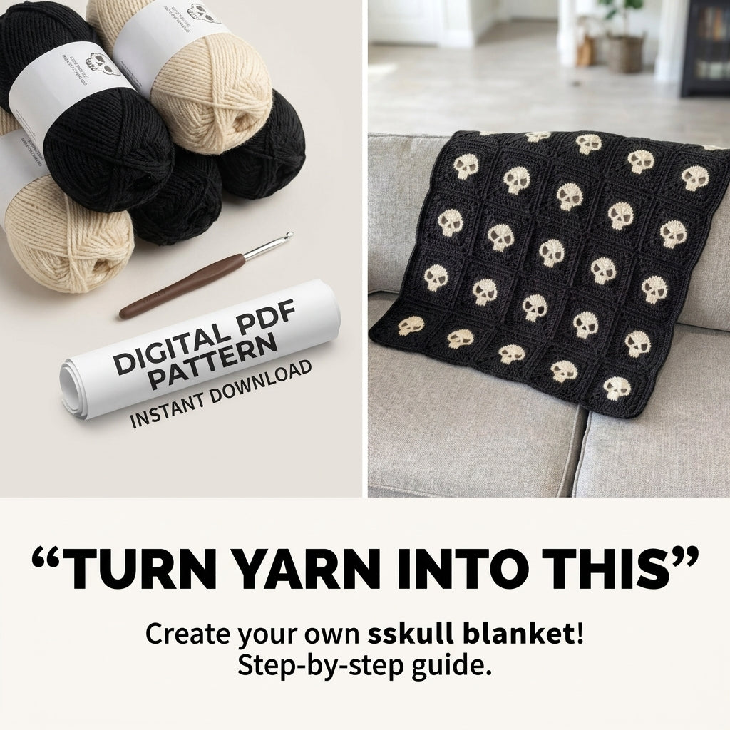 Skull Granny Square Blanket Crochet Pattern — Black and Cream Gothic Throw, 4 Sizes, US Terms, PDF Download