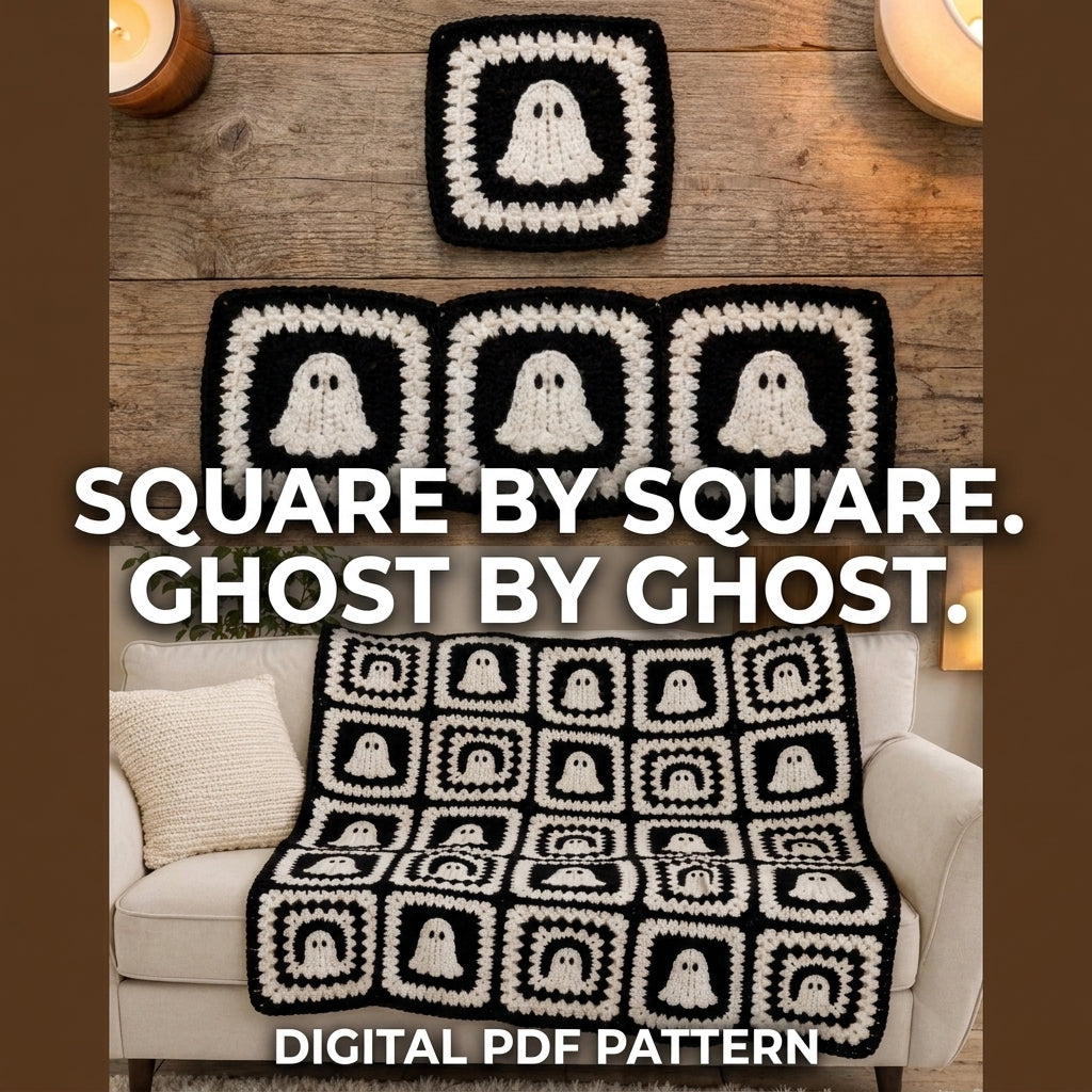 Ghost Granny Square Blanket Crochet Pattern | Black & White Halloween Throw | Beginner Granny Square Project | PDF Instant Download 2