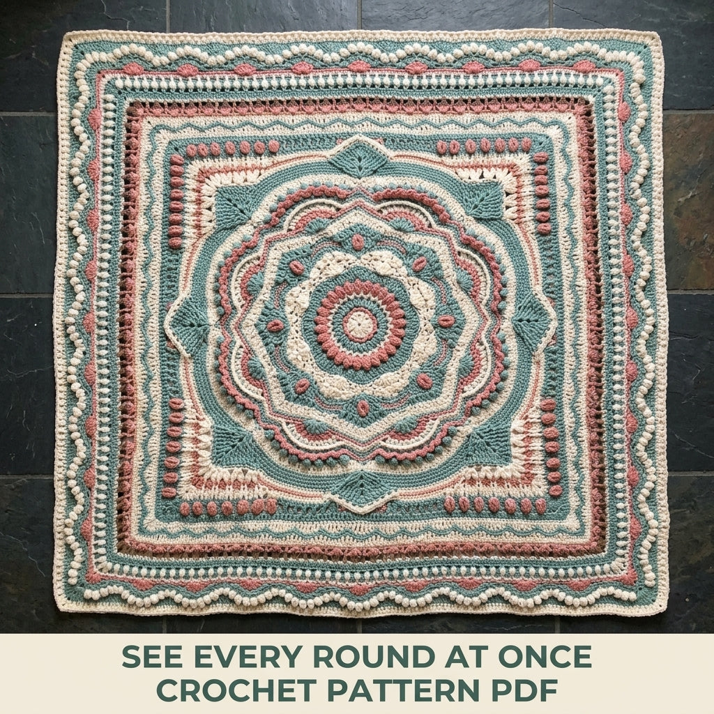 Sage Bloom Textured Crochet Blanket Pattern PDF – Sage, Cream and Coral Bobble Mandala Throw