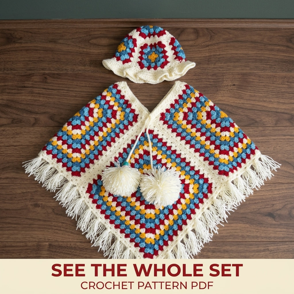 Granny Poncho and Hat Set Crochet Pattern PDF – Kids Retro Poncho with Fringe