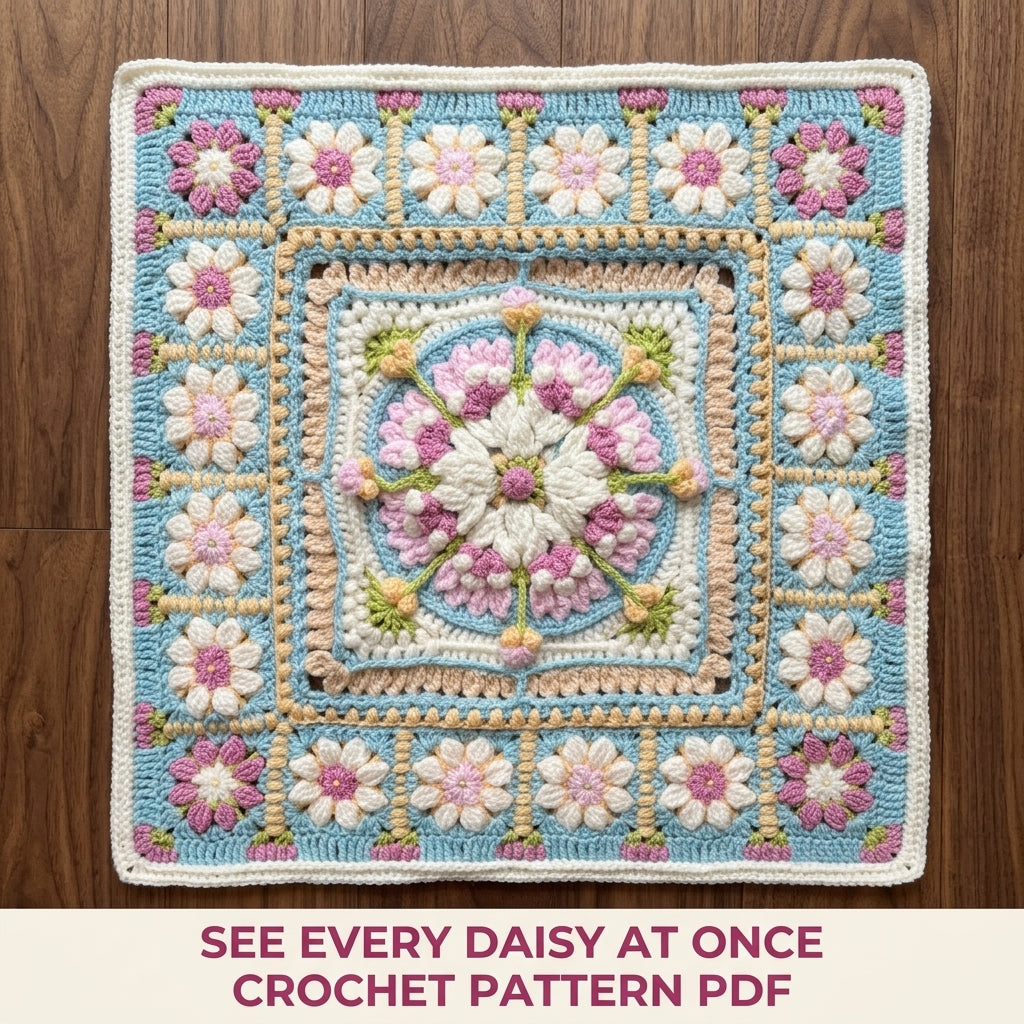 Daisy Ring Medallion Blanket Crochet Pattern PDF – Puff Flower and Daisy Square Throw
