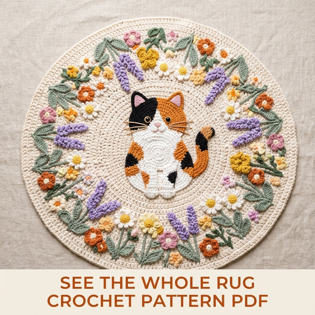 Calico Cat Flower Round Rug Crochet Pattern PDF – Cat Rug with Flower Wreath