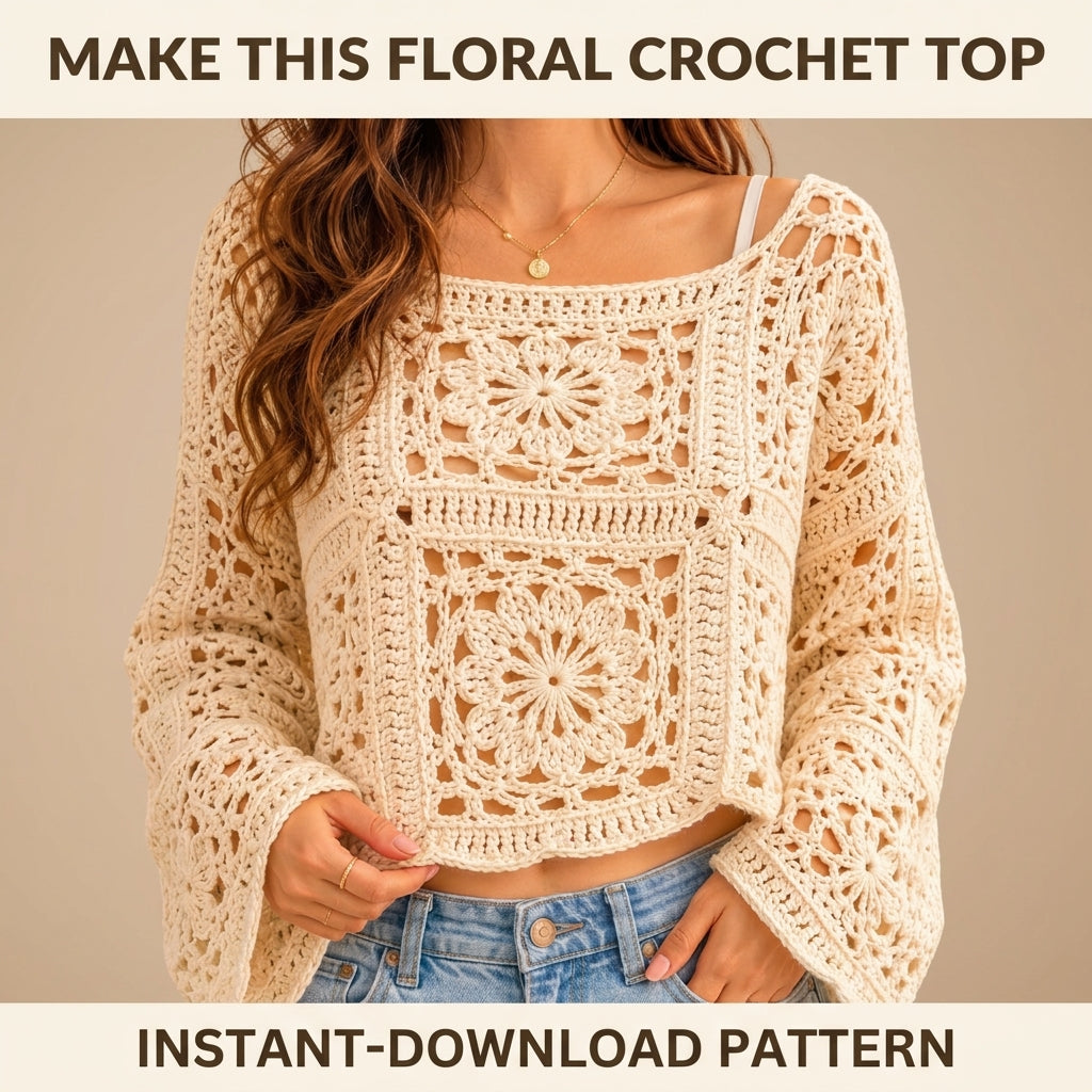Granny Square Crop Top Crochet Pattern — Boho Lace Top with Bell Sleeves, Sizes XS–3XL, US Terms, PDF Download