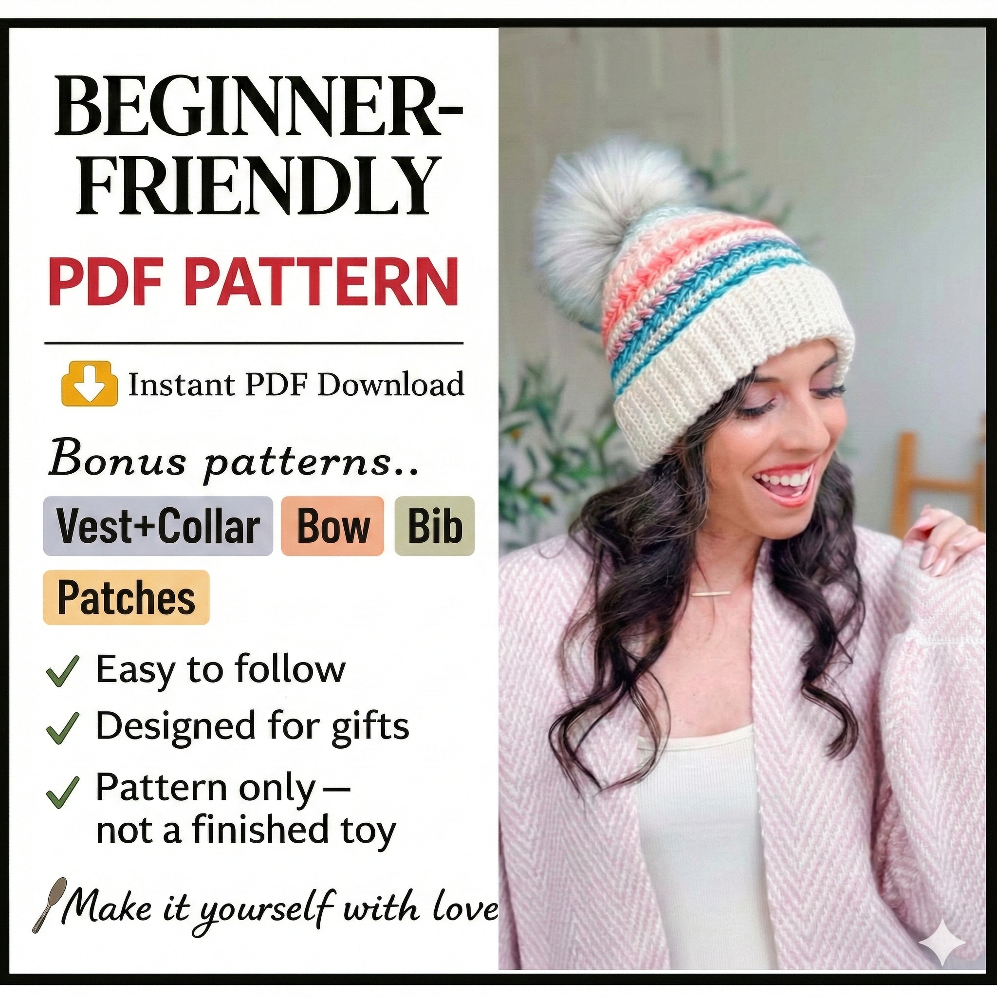 CROCHET PATTERN + VIDEO Wheat Crochet Beanie Pattern | Puff Stitch Hat Pdf Easy Crochet Hat Tutorial in 8 Sizes + Gift Tag Printable
