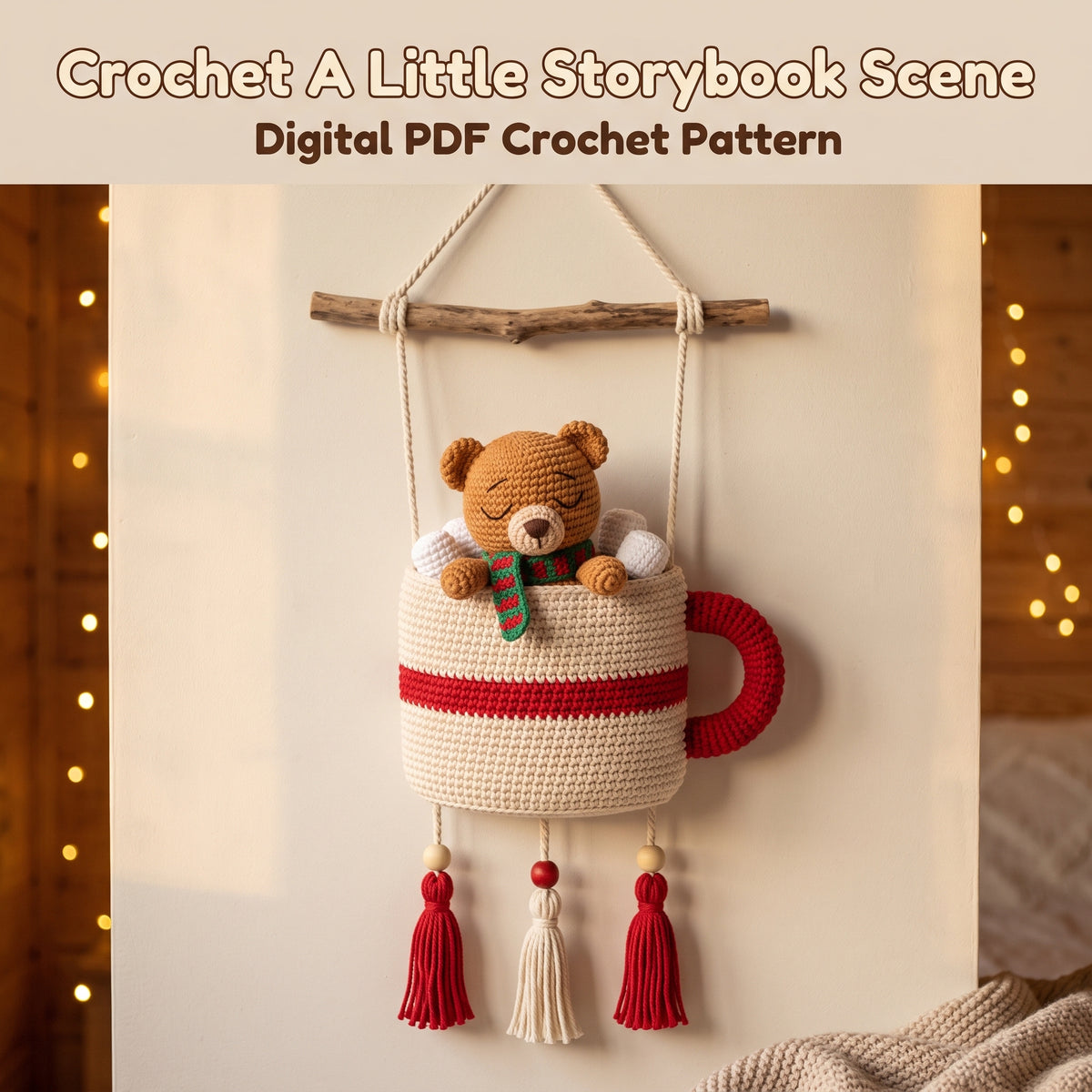 Crochet Cocoa Mug Wall Hanging Pattern – Sleepy Teddy Bear with Marshmallows