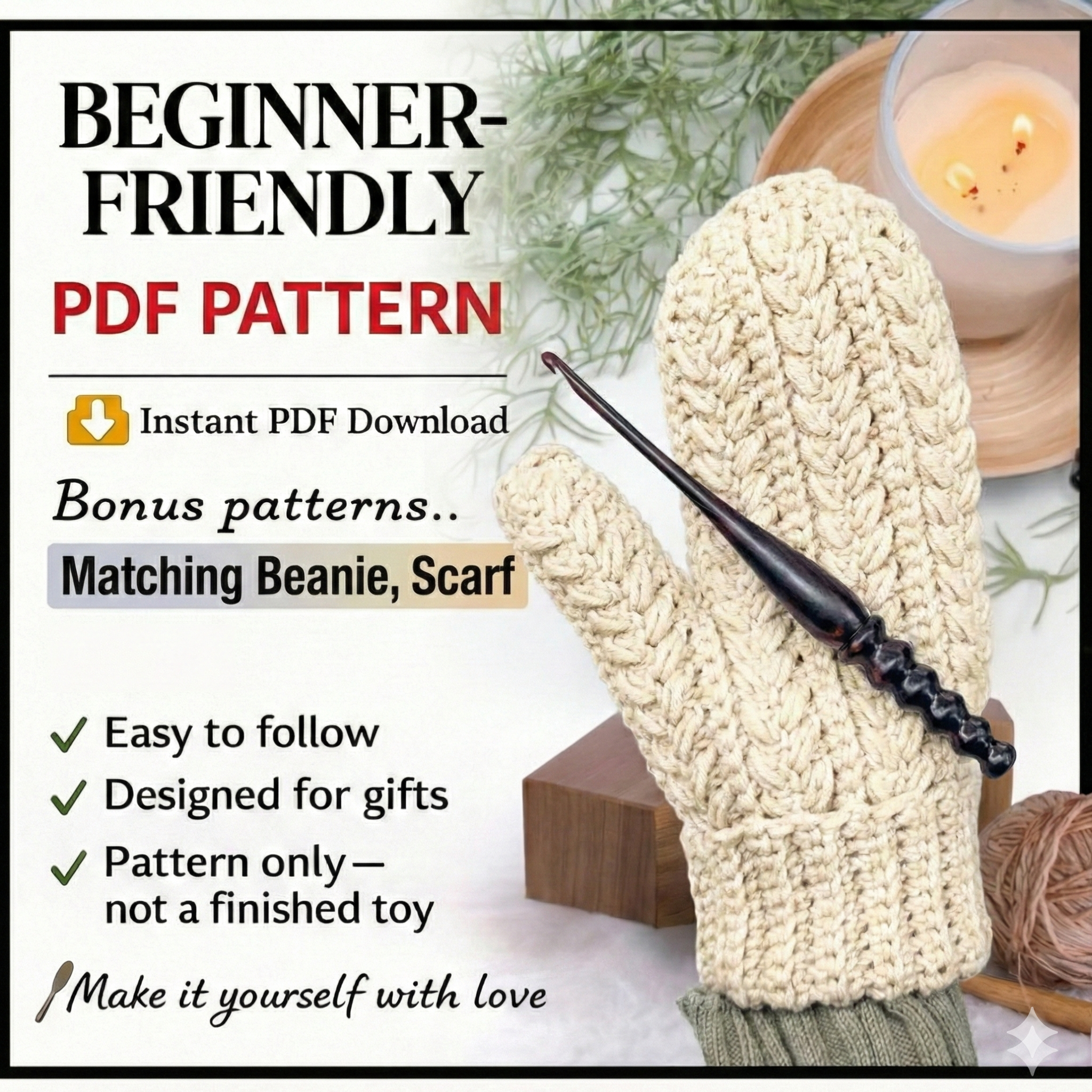 CROCHET PATTERN + VIDEO Winter Wheat Stitch Crochet Mittens Pattern - 6 Sizes Baby to Adult, Flat One-Piece Design Wheat Stitch™ Gloves
