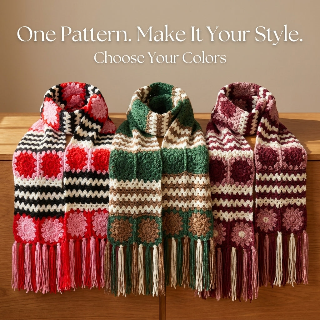 Granny Square Scarf Crochet Pattern | Flower Squares & Striped Panels with Fringe | Oversized Winter Scarf | PDF Instant Download