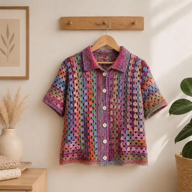 Crochet Granny Cabana Shirt Pattern, Colorful Button Up Crochet Top PDF, Boho Summer Cardigan Pattern, Granny Square Shirt